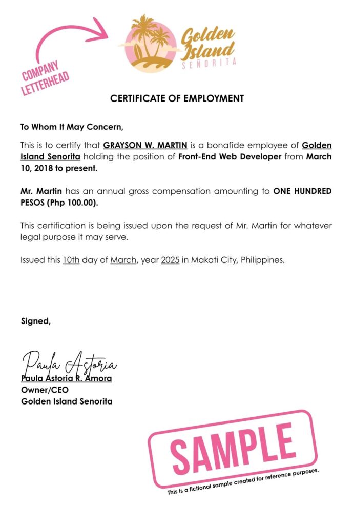 Samples Certificate of Employment