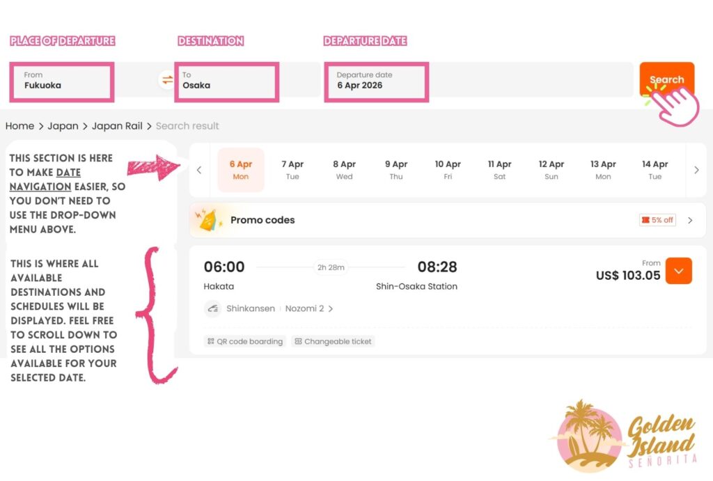 How to Book Your Shinkansen Ticket Using Klook: Easy Step-by-Step Guide for First-Timers 3 book your shinkansen ticket using klook step 1 How to Book Your Shinkansen Ticket Using Klook: Easy Step-by-Step Guide for First-Timers Fukuoka, Golden Island Señorita, Japan, Japan Travel Guide, Japan Travel Tips, Osaka, Shinkansen